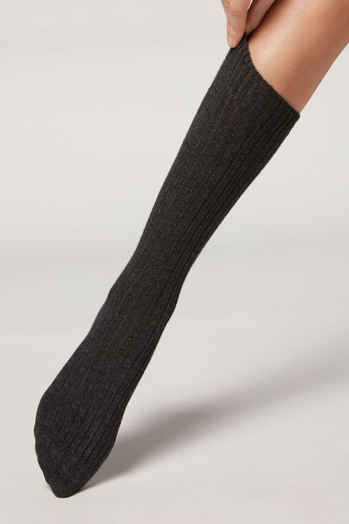 Meia Curta Canelada Em Lã e Cashmere - Cinza