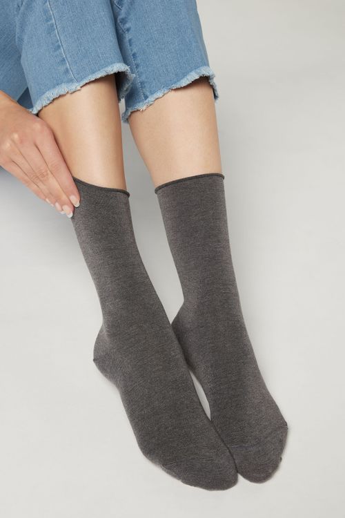 Meia Curta Com Cashmere - Cinza