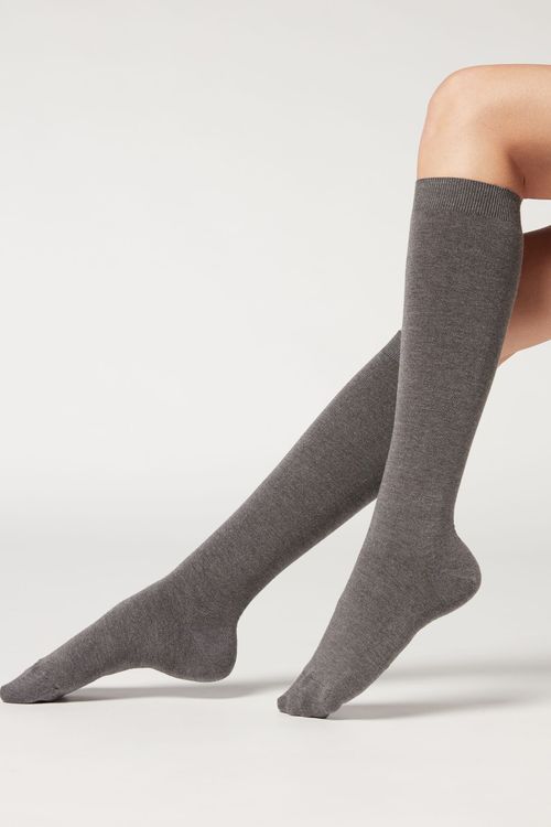 Meia Longa Com Cashmere - Cinza