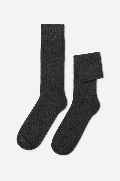 Meias Curtas Canelada Com Lã e Cashmere - Cinza