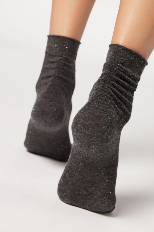 Meias Curtas Com Cashmere e Glitter - Cinza
