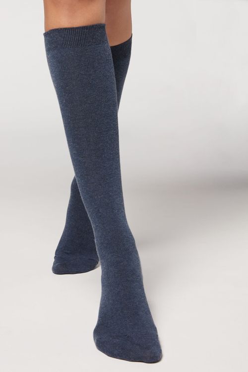 Meia Longa Com Cashmere - Azul