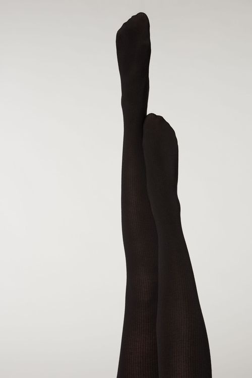 Meia Calça De Cashmere Com Estampa Canelado - Preto