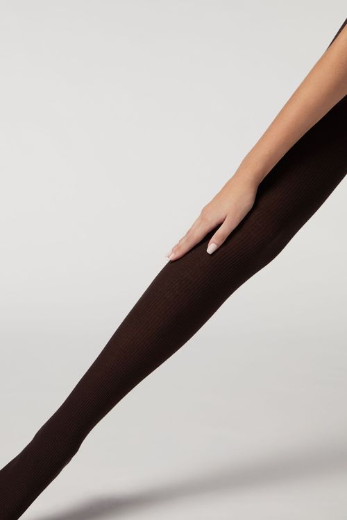 Meia Calça De Cashmere Com Estampa Canelado - Marrom