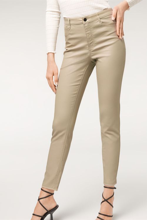 Calça Efeito Couro - Bege