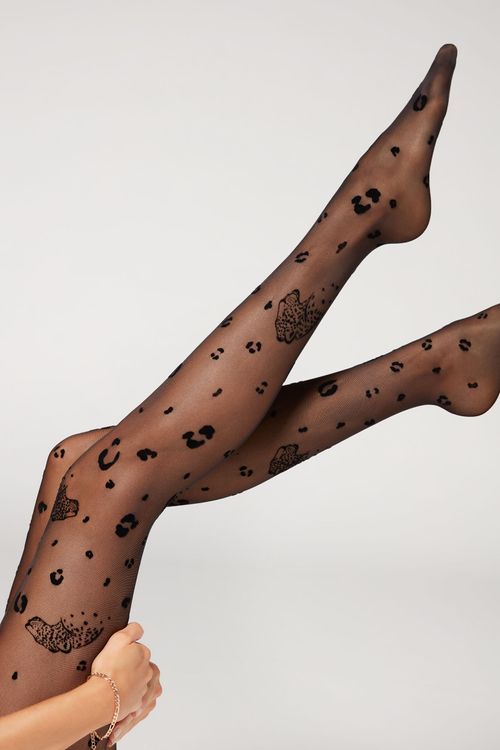 Meia Calça Fio 30 Estampa Leopardo Flock - Preto