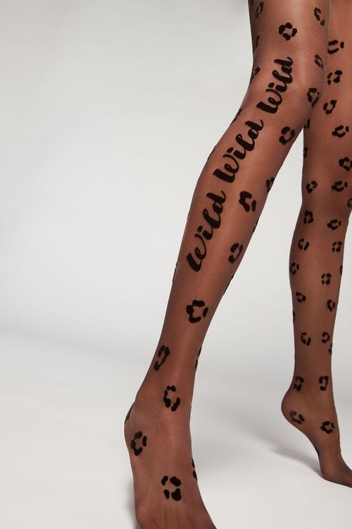 Meia Calça Fio 30 Estampa Onça Flock - Marrom