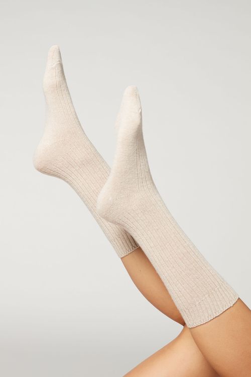 Meias Curtas Caneladas Com Lã e Cashmere - Bege