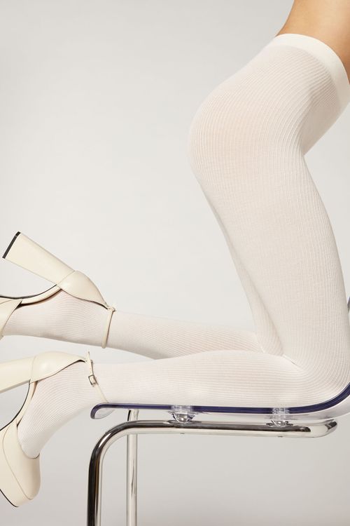 Meia Calça Com Cashmere Canelado - Branco