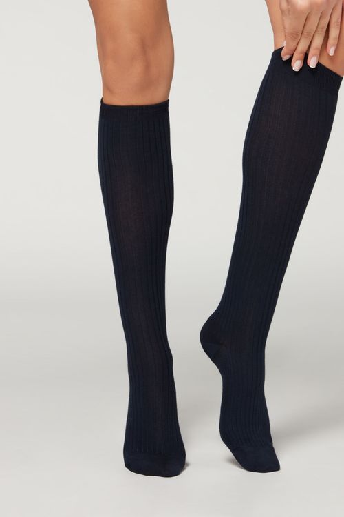 Meias Longas Com Cashmere Canelada - Azul