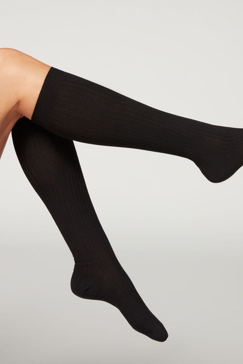 Meias Longas Com Cashmere Canelada - Preto