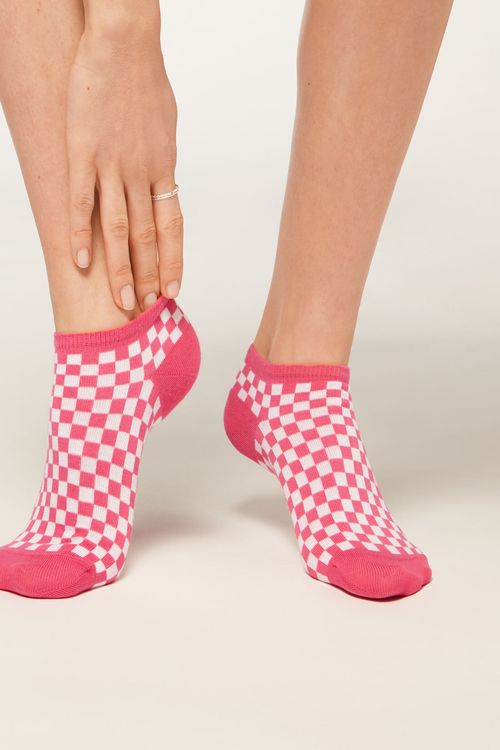 Meias Soquetes Com Estampa Quadriculada - Rosa