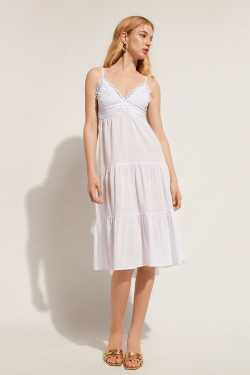Vestido Midi Com Saia Rodada - Branco