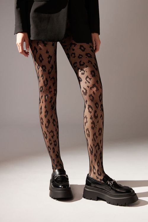 Meia-Calça Arrastão Com Estampa Animal - Preto