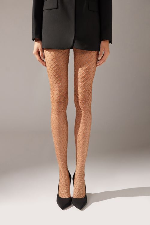 Meia-Calça Arrastão Com Glitter - Bege