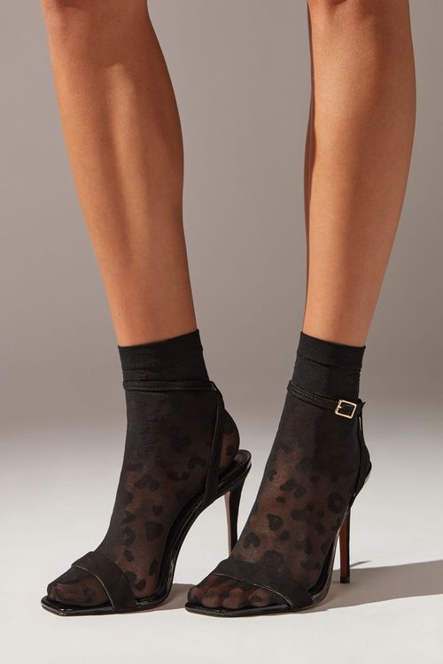 Meia Curta Transparente Com Padrão Animalier - Preto