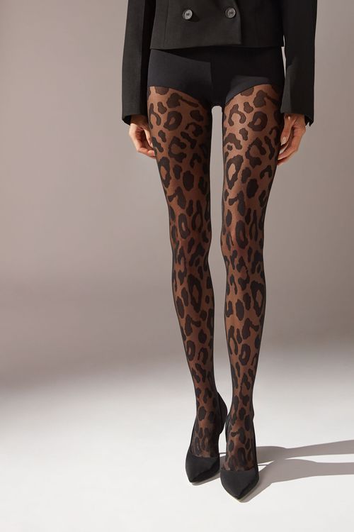 Meia-Calça Fio 30 Com Padrão Animalier - Preto