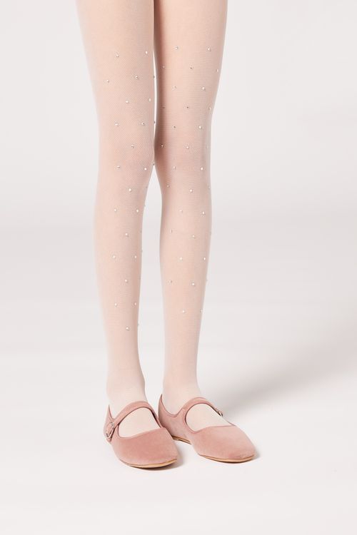Meia-Calça Em Tule Com Strass Para Criança - Branco
