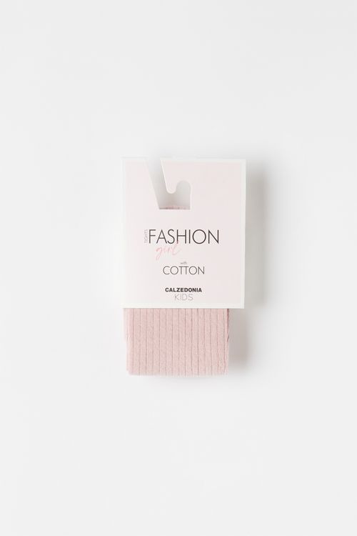 Meia-Calça Em Algodão Canelado Para Criança - Rosa