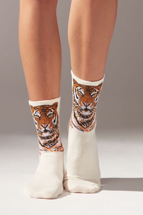 Meia Curta Esportiva Com Desenho Animalier - Off-White