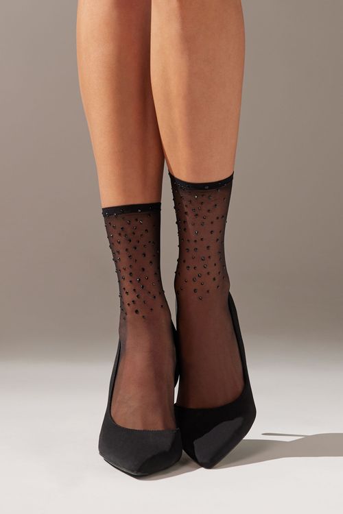 Meia Curta Em Tule Com Strass - Preto