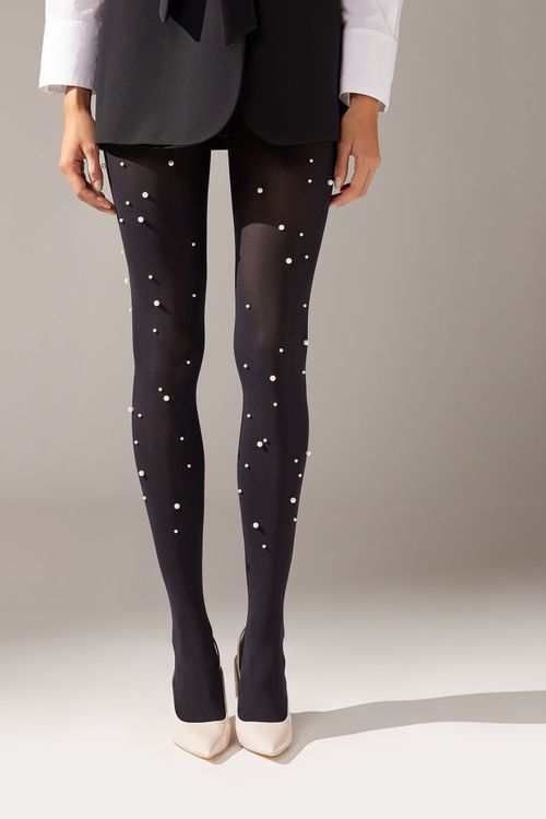 Meia-Calça Opaca Com Pérolas - Preto