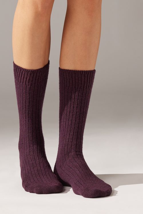 Meia Curta Canelada Em Lã e Cashmere - Roxo
