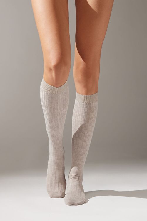 Meia Longa Canelada Com Cashmere - Bege