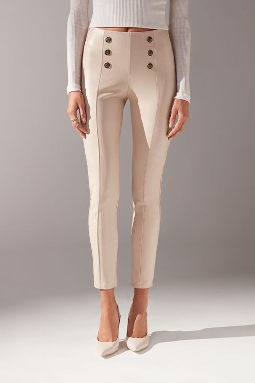 Legging Skinny Sailor Efeito Couro - Off-White