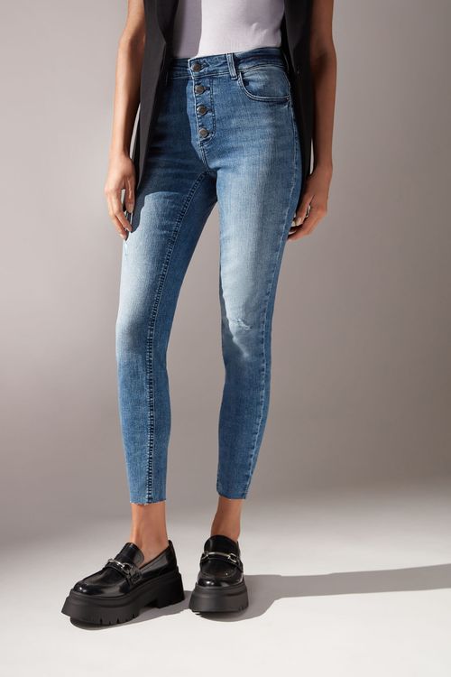 Calça Jeans Skinny Com Botões - Azul