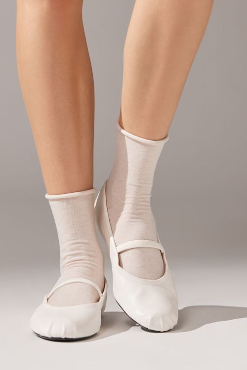 Meia Curta Em Algodão Sem Elástico - Off-White