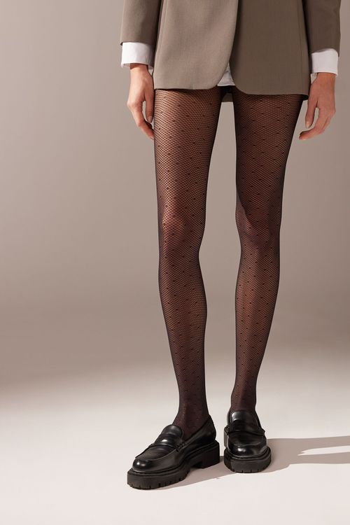 Meia-Calça Fio 70 Com Padrão De Poás - Preto