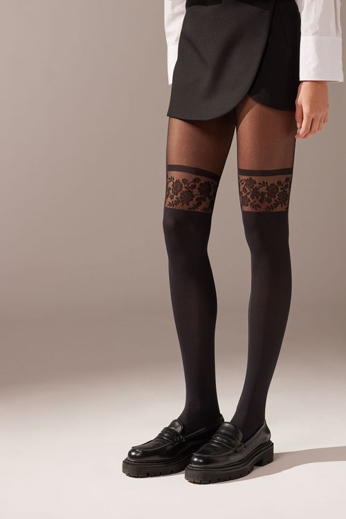 Meia-Calça Efeito Longuette Fio 70 Com Flores - Preto