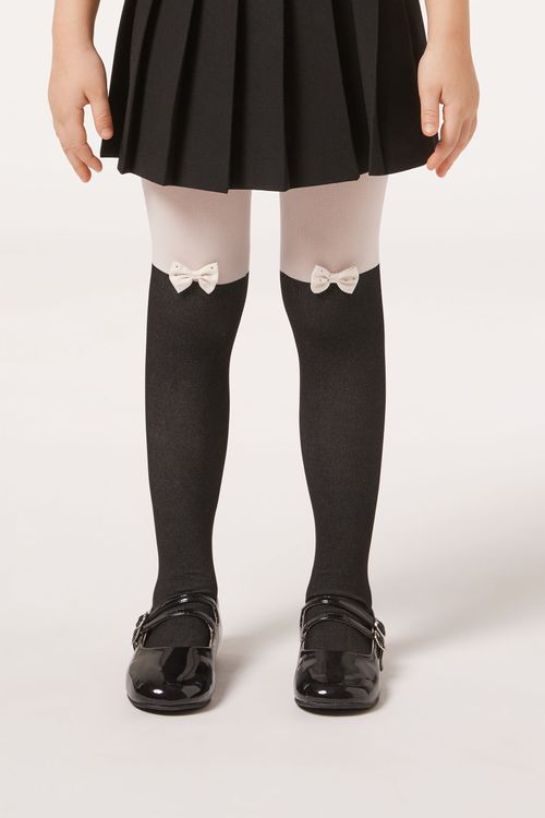 Meia-Calça Efeito Longuette Com Laço Infantil - Preto