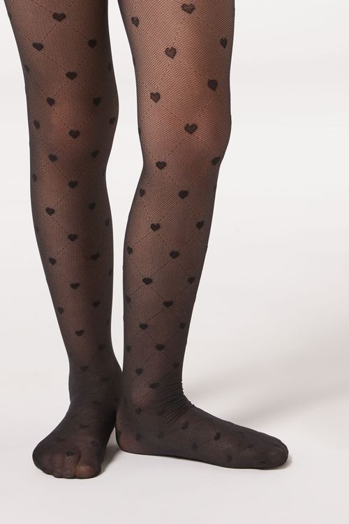 Meia-Calça Fio 30 Com Corações Infantil - Preto