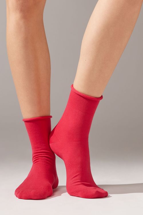 Meia Curta Em Algodão Sem Elástico - Vermelho