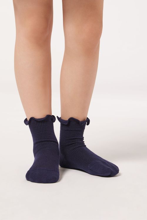 Meias Curtas Caneladas Para Menina - Azul