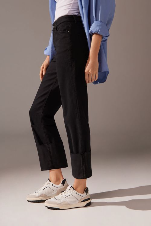 Calça Jeans Cropped Com Dobra Removível - Preto
