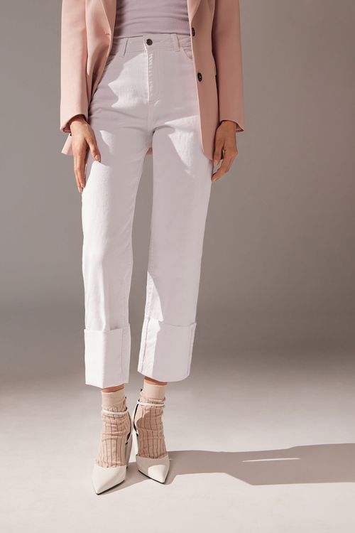Calça Jeans Cropped Com Dobra Removível - Branco