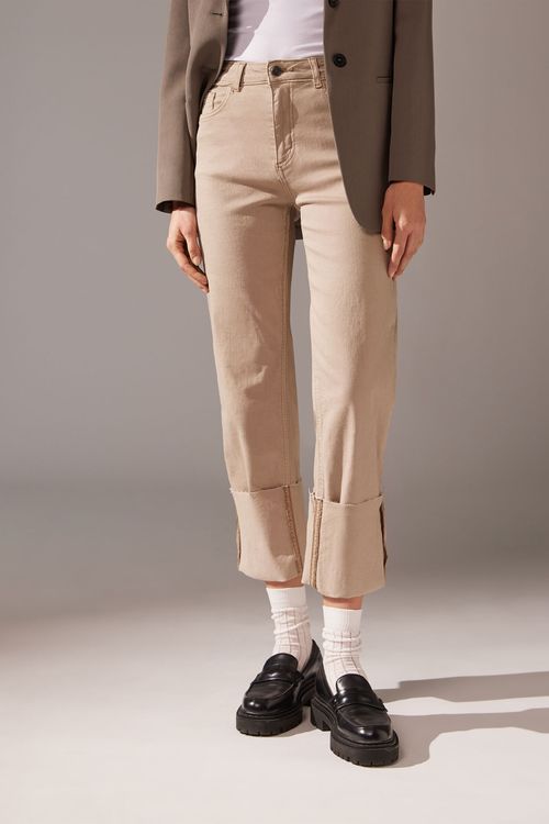 Calça Jeans Cropped Com Dobra Removível - Bege
