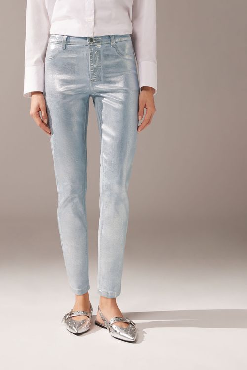 Calça Jeans Com Efeito Laminado - Azul