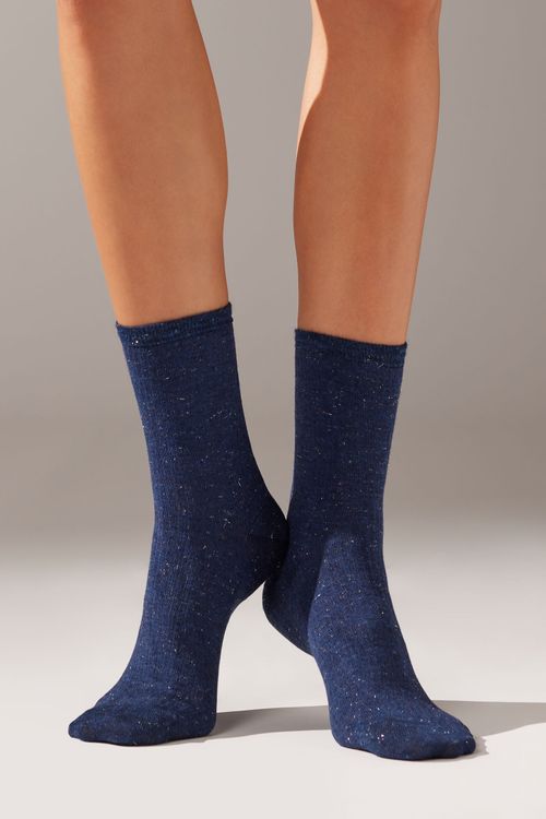 Meia Curta Canelada Com Cashmere e Glitter - Azul