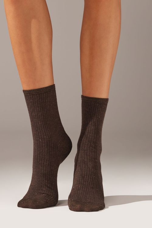 Meia Curta Canelada Com Cashmere e Glitter - Marrom
