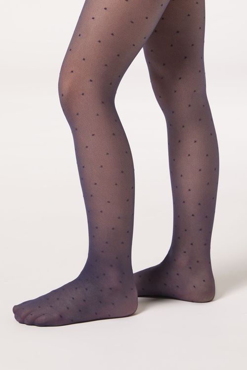 Meia-Calça Fio 30 Com Padrão De Poás Infantil - Azul