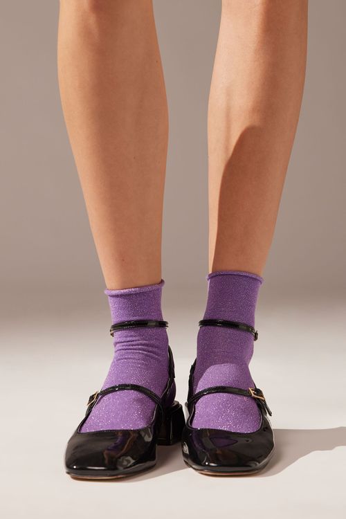 Meia Curta Com Glitter - Roxo