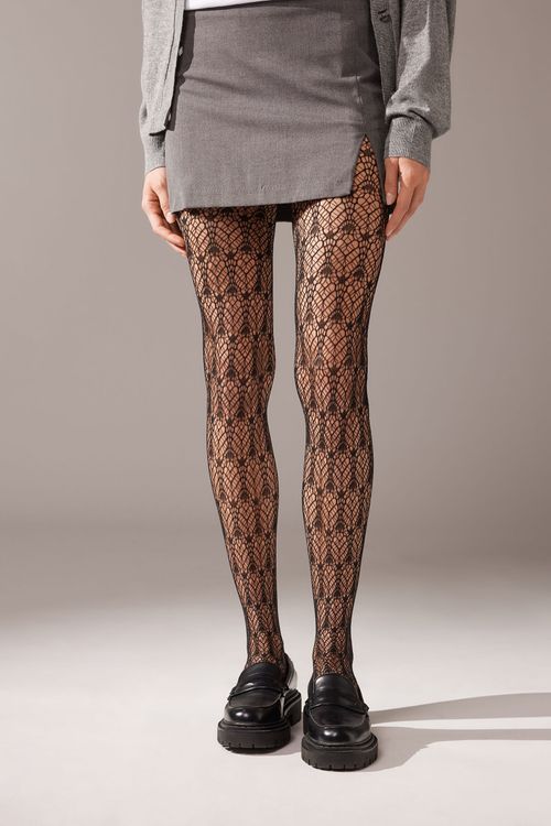 Meia-Calça Arrastão Com Padrão De Leques - Preto