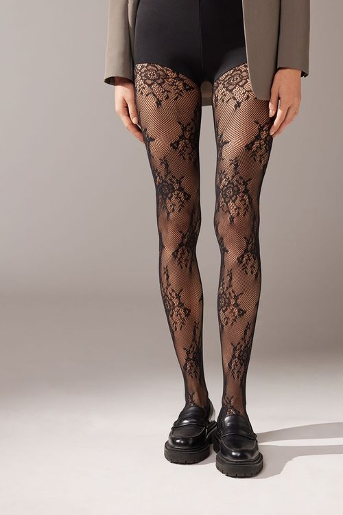 Meia-Calça Arrastão Com Padrão De Renda Floral - Preto