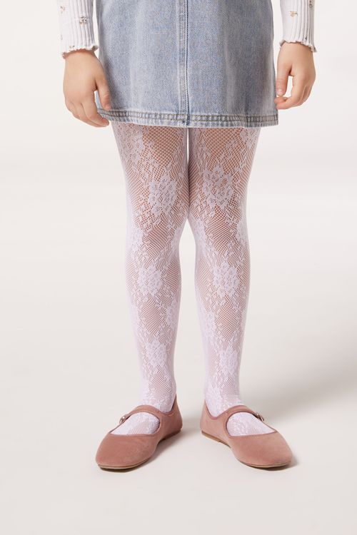 Meia-Calça Com Padrão De Renda Floral Infantil - Branco