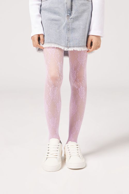 Meia-Calça Com Padrão De Renda Floral Infantil - Rosa