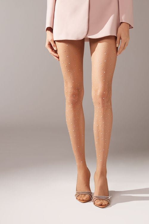 Meia-Calça Arrastão Com Strass - Bege